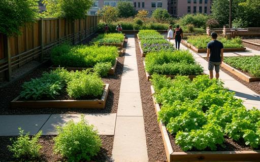 Completed urban community garden project with raised beds and paths