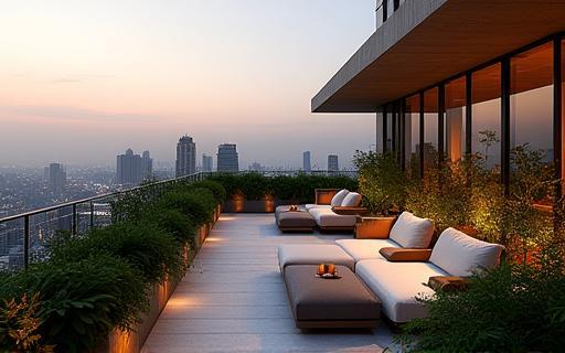 Completed rooftop garden project in Gangnam with seating and plants
