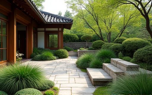Completed residential landscape project with native plants and elegant hardscaping in a Korean style