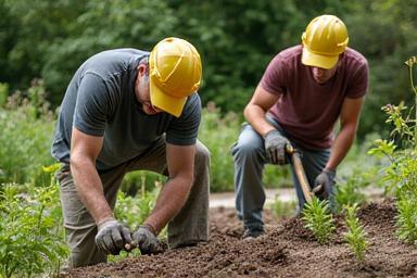 Skilled team performing garden installation