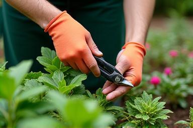 Skilled gardener maintaining lush plants in a Seoul garden