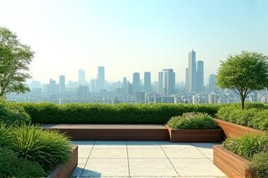 Lush rooftop garden overlooking the Seoul skyline