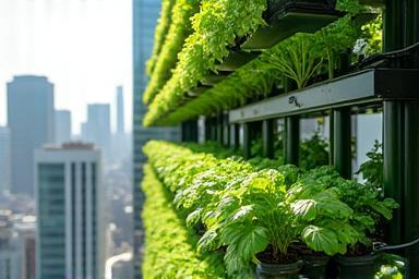 Vertical urban farming setup in a modern city building