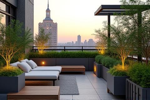 Modern rooftop garden designed as a relaxing retreat